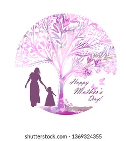 
Postcard mom with her daughter near a beautiful tree. Happy Mother's Day