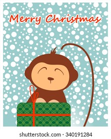 Postcard with a monkey and a gift for Christmas and new year 2016
