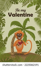 Postcard with a monkey for Valentine's Day. A monkey with a heart in his hands.