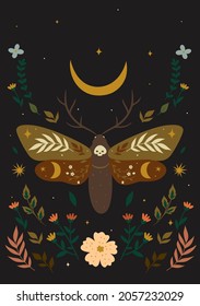 Postcard with a moth in boho style. Vector graphics.