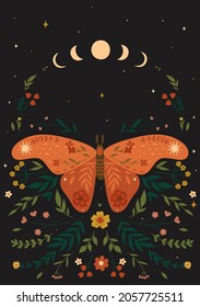 Postcard with a moth in boho style. Vector graphics.