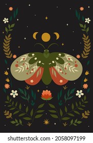 Postcard with a moth in boho style. Vector graphics.