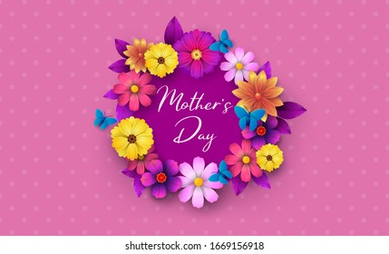 A postcard to the mother's day, with paper flowers and letter in.
Mother's day background layout with beautiful colorful flower. Happy Mothers Day greeting card with beautiful flowers