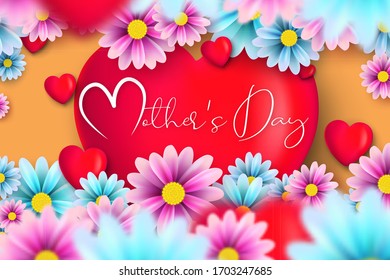 A postcard to the mother's day, with paper flowers and letter in.
Mother's day background layout with beautiful colorful flower. Happy Mothers Day greeting card with beautiful flowers