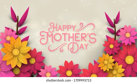 A postcard to the mother's day, with paper flowers and letter in.
Mother's day background layout with beautiful colorful flower. Happy Mothers Day greeting card with beautiful flowers