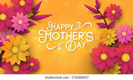 A postcard to the mother's day, with paper flowers and letter in.
Mother's day background layout with beautiful colorful flower. Happy Mothers Day greeting card with beautiful flowers