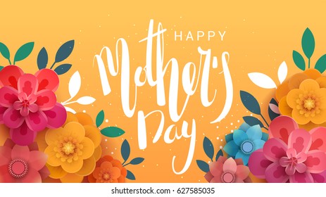 A postcard to the mother's day, with paper flowers and letterin. The illustration can be used in the newsletter, brochures, postcards, tickets, advertisements, banners.