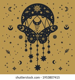 Postcard Moths. Postcard of a moth on a gold background with the moon and stars. The scrawl depicted winged, mystical, dark, soaring butterflies. Vector illustration
