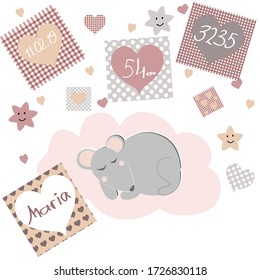 Postcard with a mouse for the birth of a baby, height, weight, date of birth (in pink).