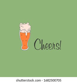 Postcard with a mug. T-shirt print. A mug with a frothy drink. Beer. Vector illustration. Stock vector. Cheers. Green background.