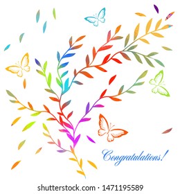 Postcard multicolored branches with butterflies. Vector illustration