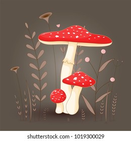 postcard with mushrooms toadstool red on a floral background with branches and plants. Fabulous background with cartoon drawings.