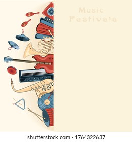 Postcard music instrument, closeup, vector graphics, a colorful set on a white background, eps 10.
