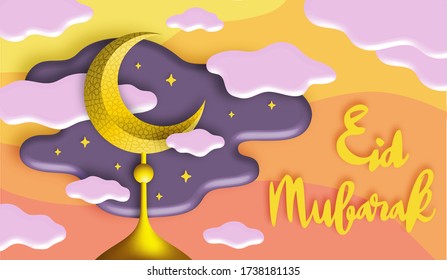 Postkarte für Muslimfest Eid-al-Fitr und Eid-al-Adha. 3D-Bild des Halbmondes (Halbmond) auf der Spitze der Moschee und 3D Wolken auf Sonnenaufgang Himmel Hintergrund. Text: "Eid Mubarak".