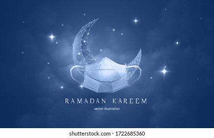 Postcard for muslim Ramadan feast - Vector monochrome abstract illustration crescent in mask isolated on against the background of a starry sky with clouds - Symbol holy month of Ramadan Kareem