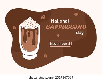 Postcard for National Cappuccino Day. Cup of coffee. Flat vector illustration.