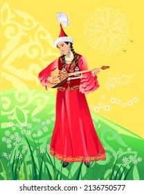 Postcard with Nauryz holiday. A girl in a national costume ornaments plays the dombra. Vector illustration