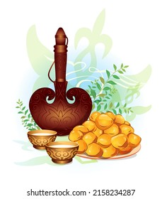 Postcard with Nauryz holiday Kazakhstan. Utensils for koumiss, baursak bread, a bowl, a national cup. Clipart Vector illustration