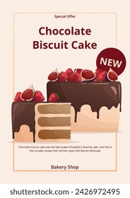 Postcard with new chocolate biscuit cake with fresh fruits. Vector illustration for poster, banner, advertising, card, cover. Baking, bakery shop, cooking, sweet products, dessert, pastry concept