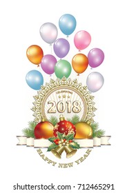Postcard New Year 2018 with  ball and bells on the background of balloons. Vector illustration