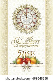Postcard New Year 2018 with clock and balls on a background of ornaments. Vector illustration