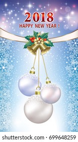 Postcard with a New Year 2018 on a blue background with a ball and ribbon with bells. Vector illustration