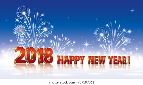 Postcard with the New Year 2018 on a blue background with fireworks. Vector illustration