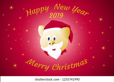 postcard new year 2019 christmas golden pig in santa claus hat on red background with snowflakes