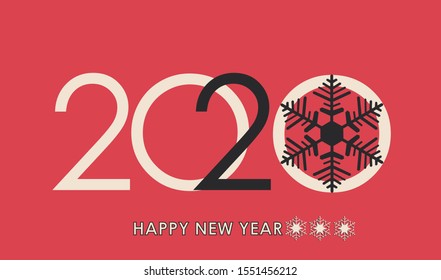 Postcard New Year 2020 on a pink background in gray and light pink colors with a snowflake. Happy New Year