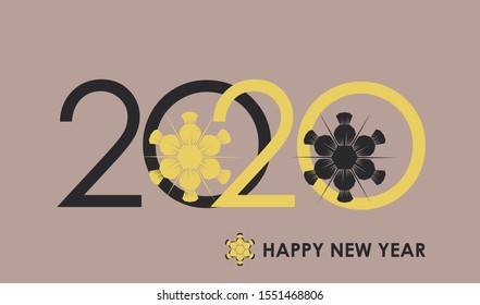Postcard New Year 2020 on a lilac background in gray and yellow colors with snowflakes. Happy New Year