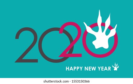Postcard New Year 2020 on a blue background in gray and pink colors. Happy New Year of the rat. Mouse tracks