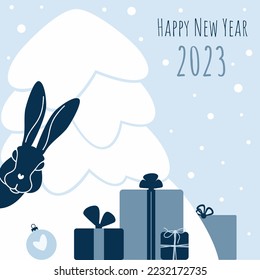 Postcard for the new year 2023. Falling snow, symbol of the year black rabbit and gifts under the Christmas tree in the snow. Vector illustration. All elements on different layers.