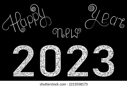 
Postcard for the new year 2023. Figures with floral ornaments on a black background. Decorative concept suitable for atmospheric background, greeting card, banner, poster, print.