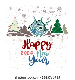 Postcard for New Year 2024 and Christmas with a dragon. Chinese symbol for 2024.