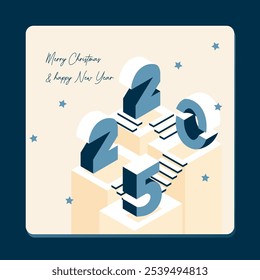 Postcard for the new year 2025 in isometric style. Figures in isometrics. Greeting. Holiday. Christmas. Year of the snake. Pedestal with figures.