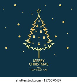 Postcard for new year and Christmas. Christmas Golden tree with decorations. Vector illustration