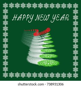 postcard with new year. Christmas tree from snowflakes on a green background in a frame of white snowflakes.Vector