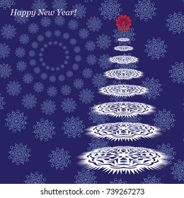 postcard with new year. Christmas tree of snowflakes on a blue background.Vector