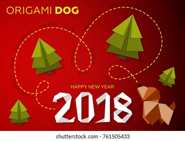 Postcard to the new year with a dog in the style of origami.
