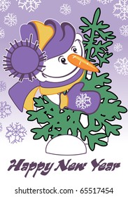 Postcard for New Year, featuring a snowman
