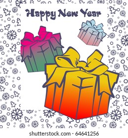 Postcard for the new year with an image of gift boxes Postcard for the new year