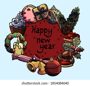 Postcard of New year items, cartoon, red background, New year, candle, ball, cane, dessert, fir branch, wreath, fir cone, strawberry, cupcake, mistletoe, plant, bells, bow, berries, present box, gift