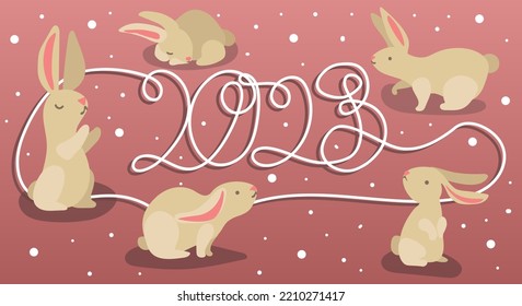 A postcard for the new year with lines and warm hares, rabbits on a pink background. A New Year's greeting card for 2023. Suitable for printing. Printing banners, postcards, flyers, print on clothes.