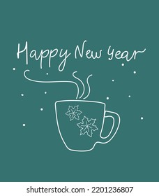 Postcard New Year. One-line illustration for the New Year holiday. Cup in line art style.

