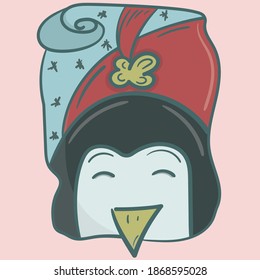 Postcard for the New Year. Penguin in a red cap. Snowing. Your present for the New Year. Illustration of a postcard with a penguin. Funny animals. Holidays.