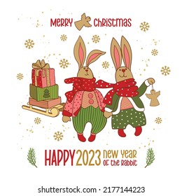 Postcard for the New Year of the Rabbit 2023. Two cheerful hares in festive clothes celebrate Christmas. Cartoon label of a joyful bunny. Souvenirs, congratulations, banner.