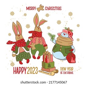 Postcard for the New Year of the Rabbit 2023. Two cheerful hares in festive clothes and a snowman with a sledge and gifts celebrate Christmas. Cartoon label of a joyful bunny, snowmen.