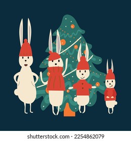 Postcard for the New Year of the Rabbit 2023. Family hares in festive clothes celebrate Christmas. Cartoon label of a joyful bunny. Souvenirs, congratulations, banner.