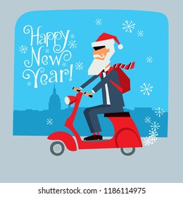 Postcard with the New Year. Santa Claus in a jacket goes on a motor scooter. Vector graphics