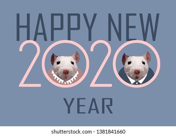 Postcard for the new year with two mice On the background of the 2020 mouse like a close-knit family. Girl mouse dressed in a pink dress, a mouse man in a  suit. Funny mouse, symbol of 2020 year. 